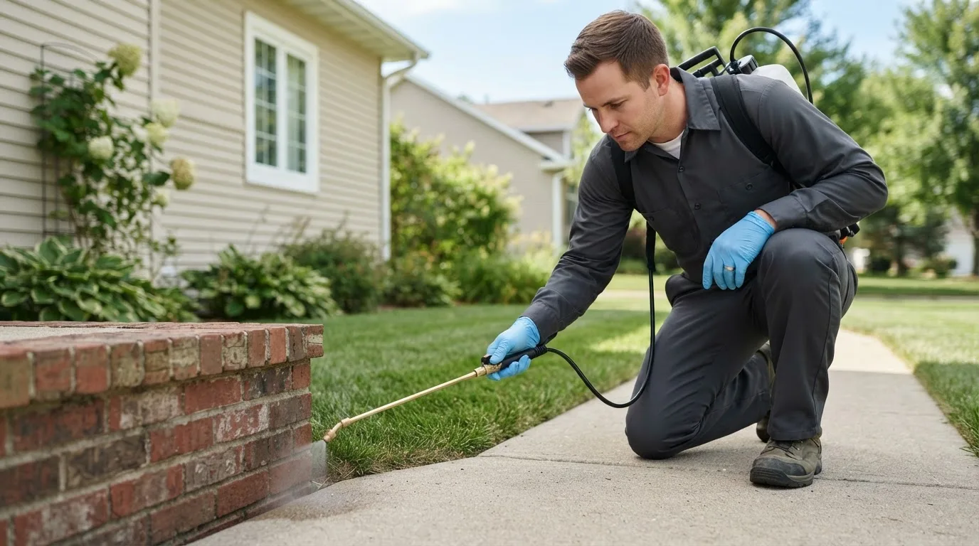 Pest control technician treating a home near Marshall, IN